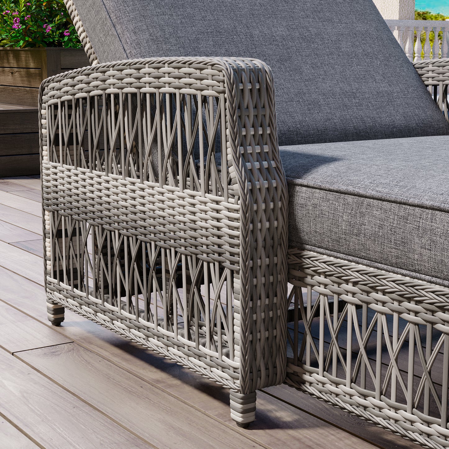 GO Outdoor Long Reclining Chaise, Wicker Lounge with Armrests, Patio Adjustable Recliner with Soft Removable Cushions, All Weather Rattan Pool Lounge for Poolside & Garden, Gray image 3