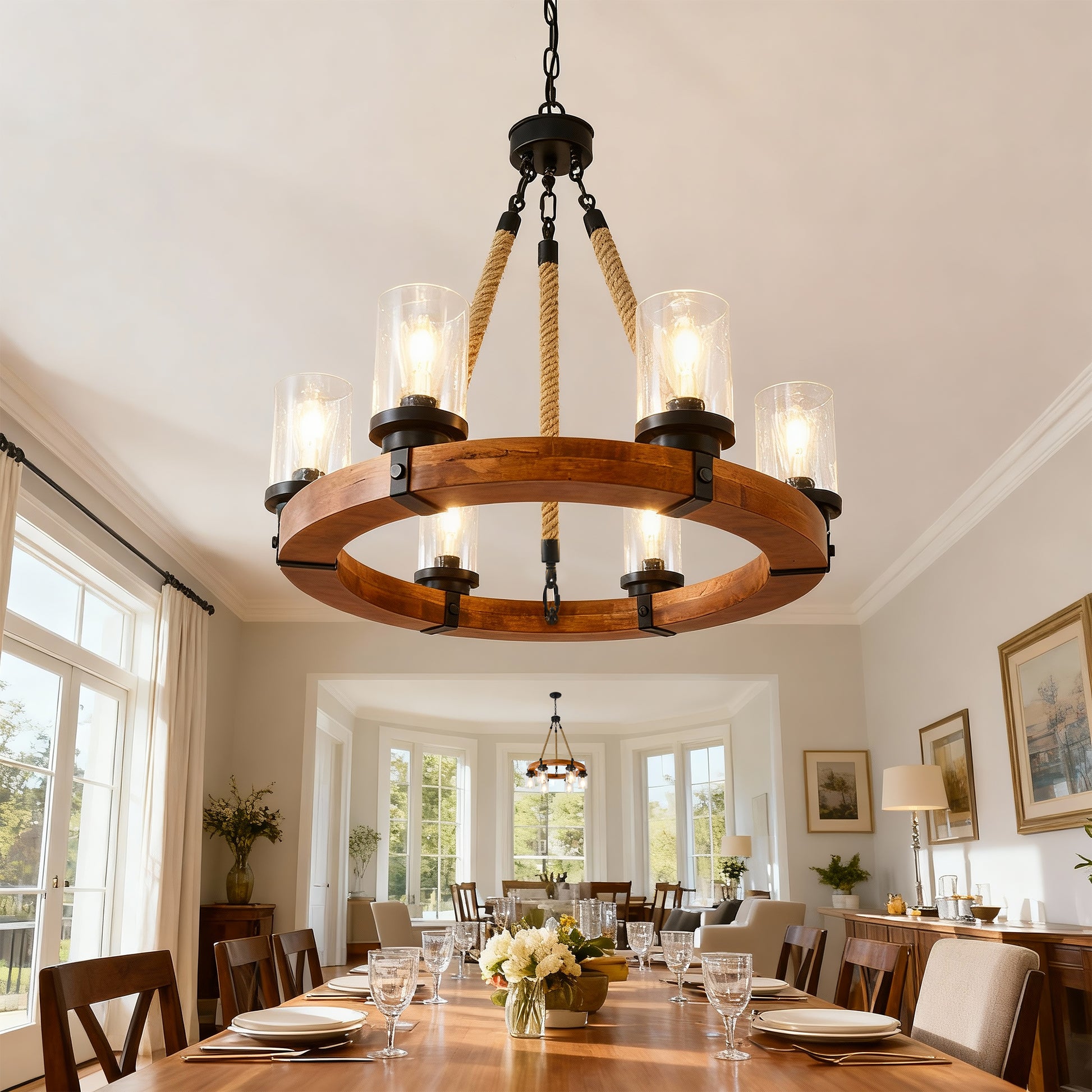 23.62 INCH Round Wood Pendant Light with Seeded Glass Shade, Rustic 6-Light Wagon Wheel Chandelier,Farmhouse Chandeliers for Dining Room Kitchen Island Foyer Entryway (8 Light)--NO INCLUDED BULBS image 10