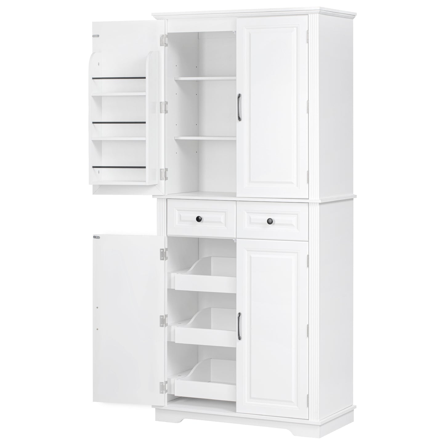 K&K 71" Tall Kitchen Pantry Cabinet with 3 Pull Out Cabinet Organizers, Farmhouse Embossed Texture Storage Cabinet with 6 Door Shelves, 2 Drawers, Freestanding Cupboard for Kitchen, Dining Room White image 4