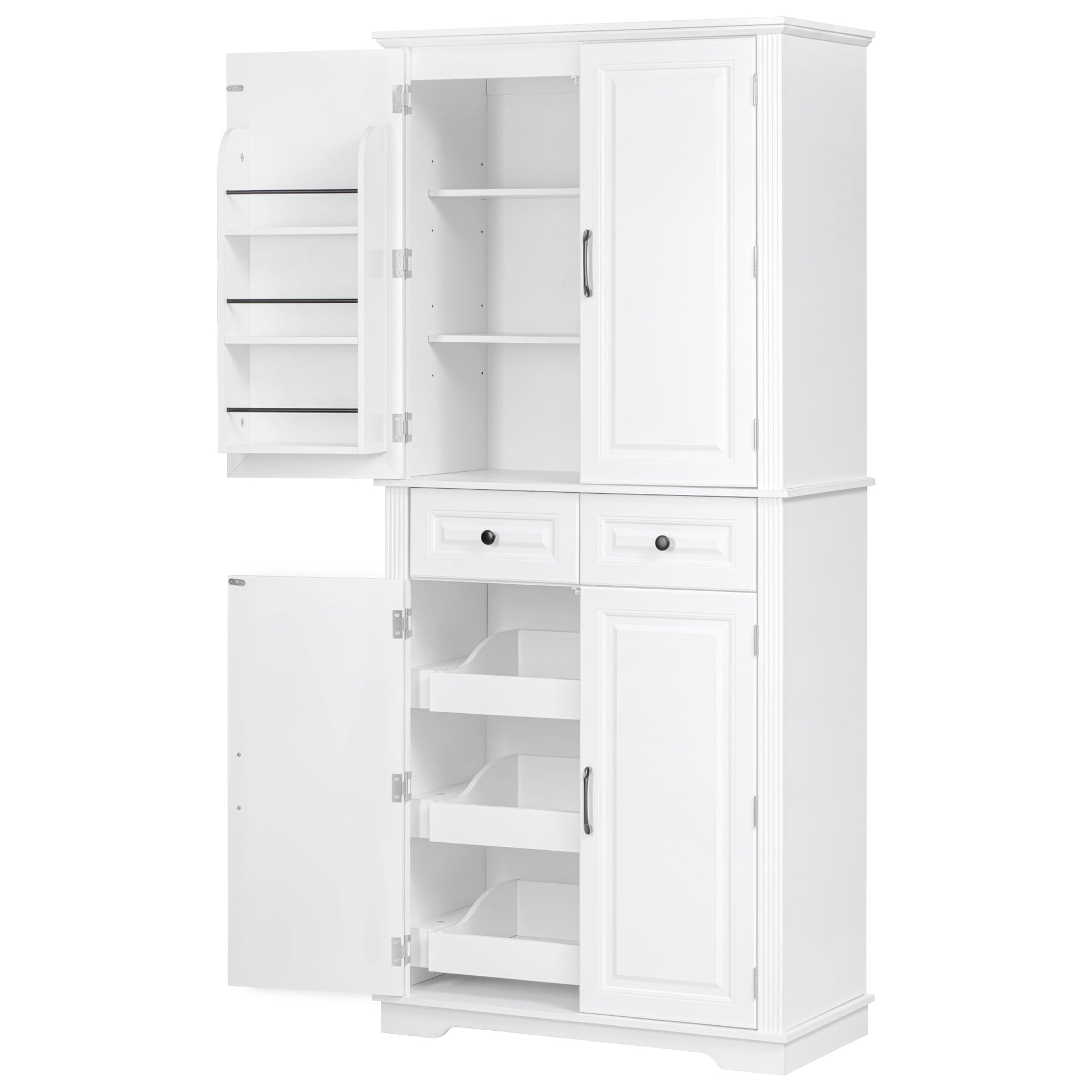 K&K 71" Tall Kitchen Pantry Cabinet with 3 Pull Out Cabinet Organizers, Farmhouse Embossed Texture Storage Cabinet with 6 Door Shelves, 2 Drawers, Freestanding Cupboard for Kitchen, Dining Room White image 4