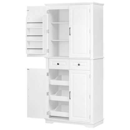 K&K 71" Tall Kitchen Pantry Cabinet with 3 Pull Out Cabinet Organizers, Farmhouse Embossed Texture Storage Cabinet with 6 Door Shelves, 2 Drawers, Freestanding Cupboard for Kitchen, Dining Room White image 4