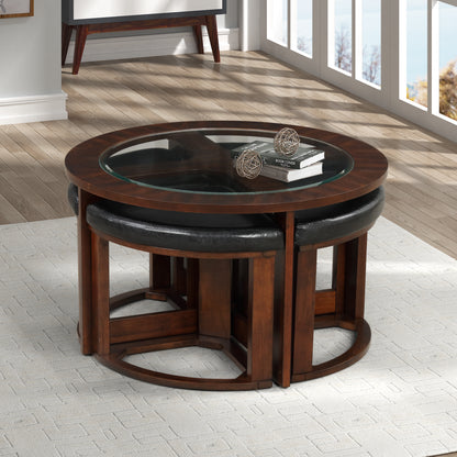 Cylina Solid Wood Glass Top Round Table Set, Coffee Table with 4 Stools image 2