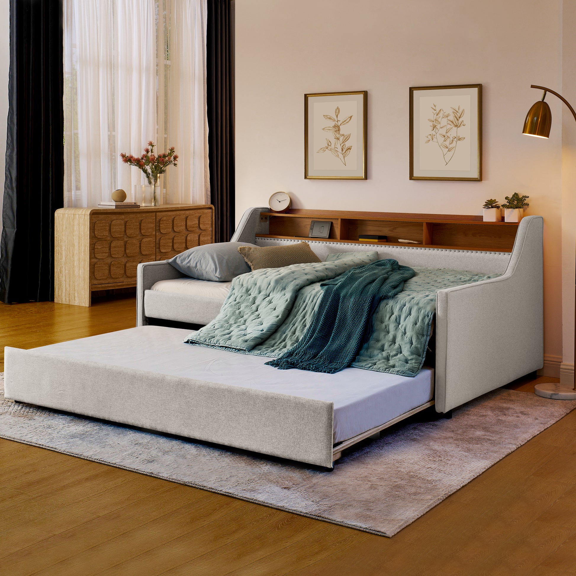 Twin Size Upholstery Sofa Bed with Three LED lights, with Storage Adjustable Headboard, with Foldable Leg Pull up Trundle Bed and Wireless Charging, Linen Padded Sofa Bed frame, Beige image 2