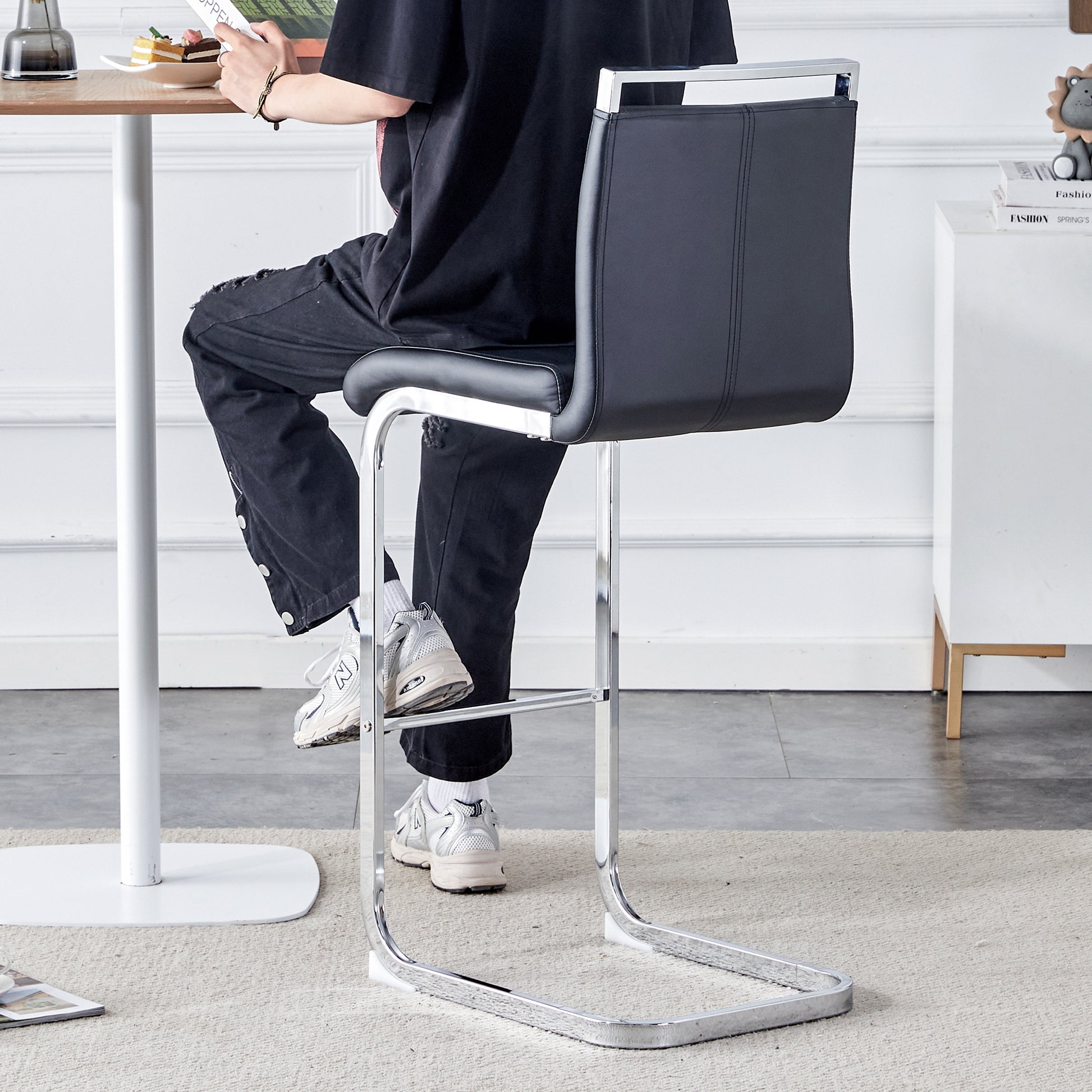 Modern and beautiful bar stool upholstered in PU leather with C-shaped silver metal legs for dining rooms, kitchens, terraces and guest office chairs.(set of 6) (black+PU) image 3
