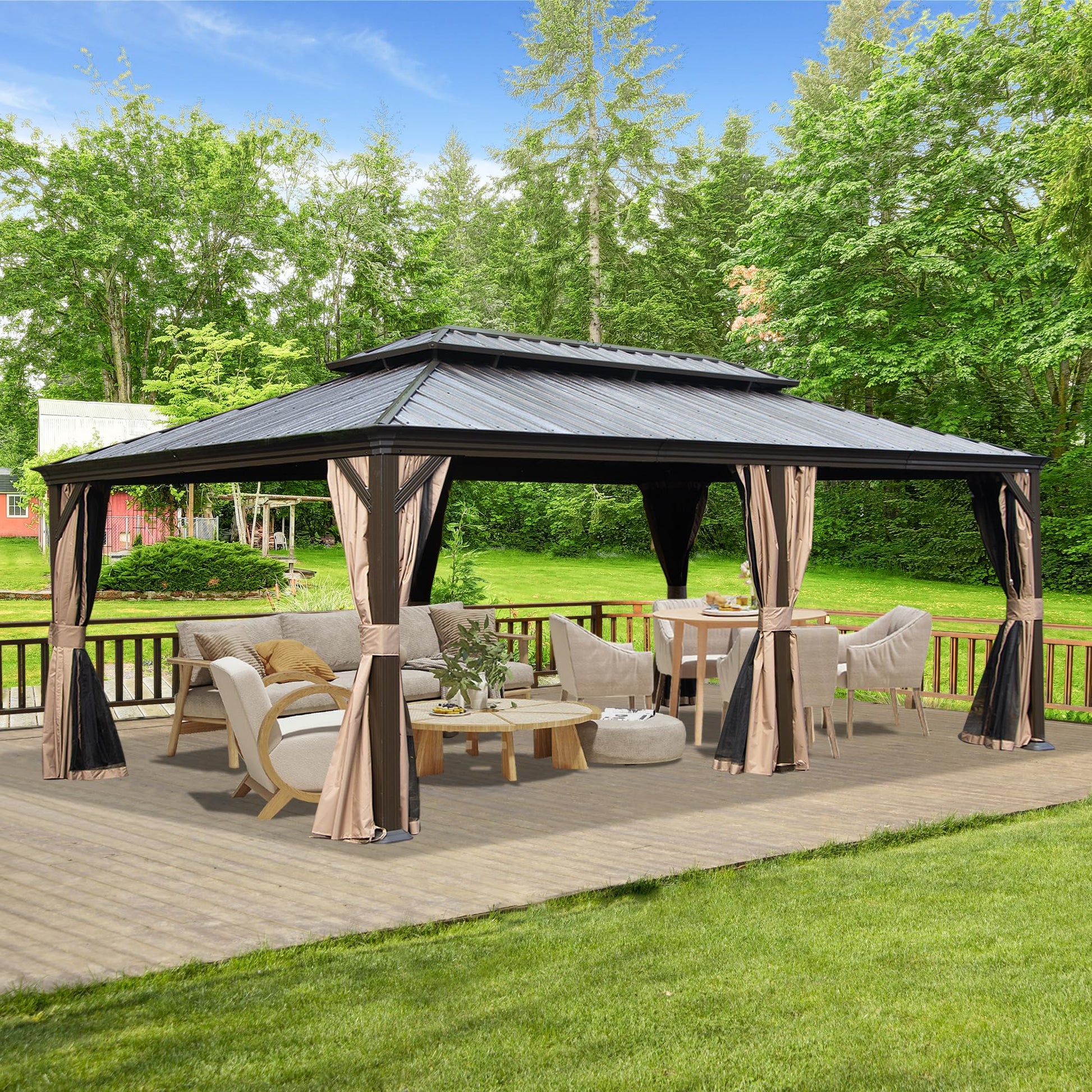14' X 22' Hardtop Gazebo, Upgraded Metal Gazebo with Drainage System, Dual-Layer Galvanized Steel Roof, Curtain and Netting, Outdoor Shelter Canopy for Patio, Garden, and Backyard, Brown image 4