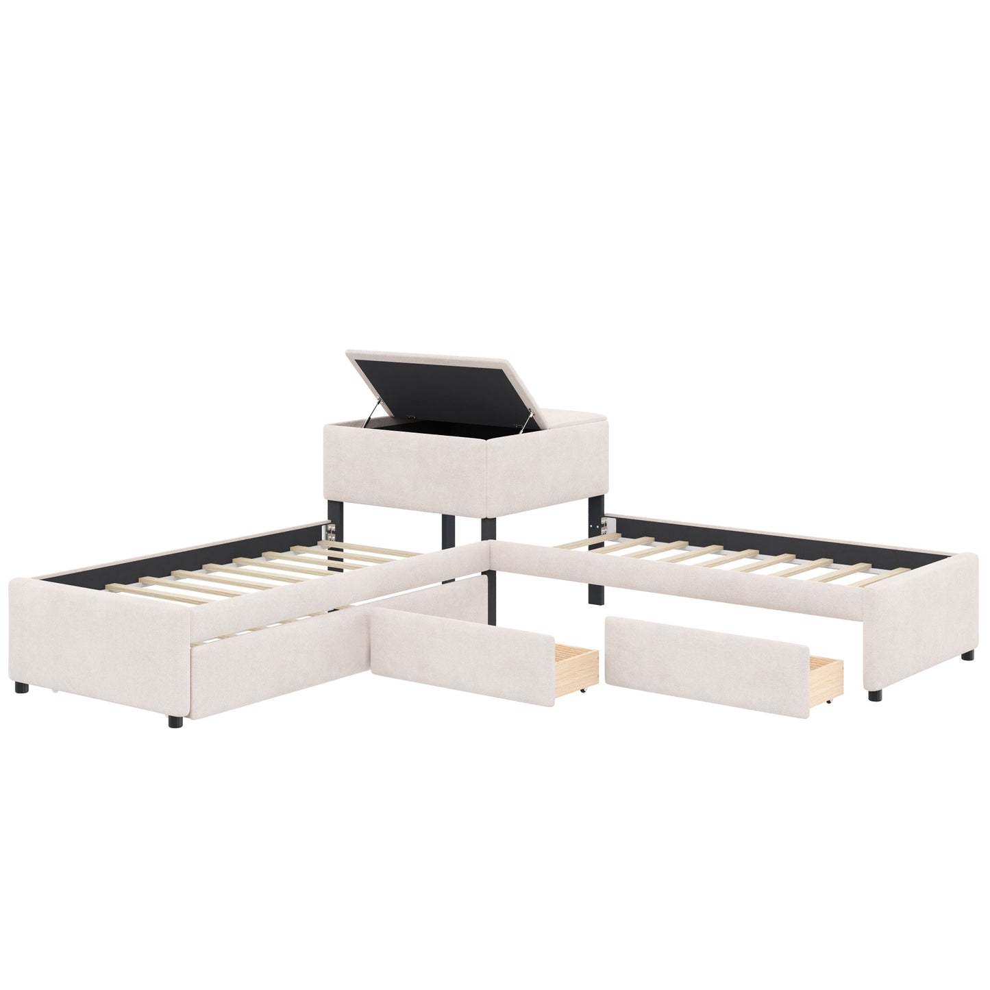 L-shaped Upholstered Platform Bed with Trundle and Two Drawers Linked with built-in Desk,Twin,Beige image 8