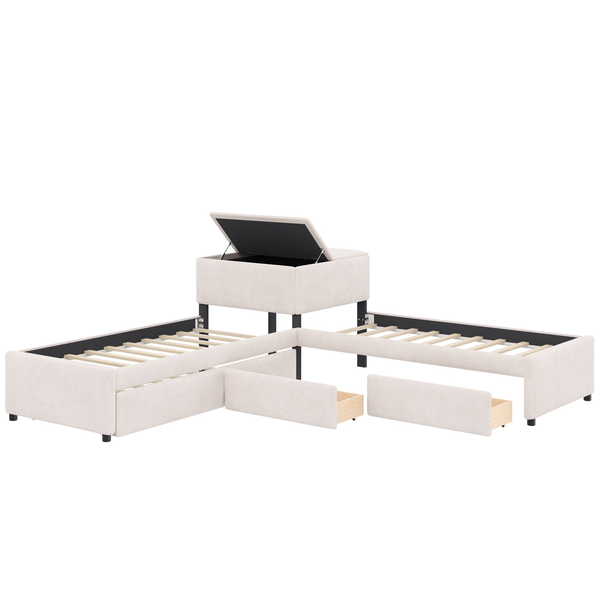 L-shaped Upholstered Platform Bed with Trundle and Two Drawers Linked with built-in Desk,Twin,Beige image 8