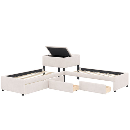 L-shaped Upholstered Platform Bed with Trundle and Two Drawers Linked with built-in Desk,Twin,Beige image 8