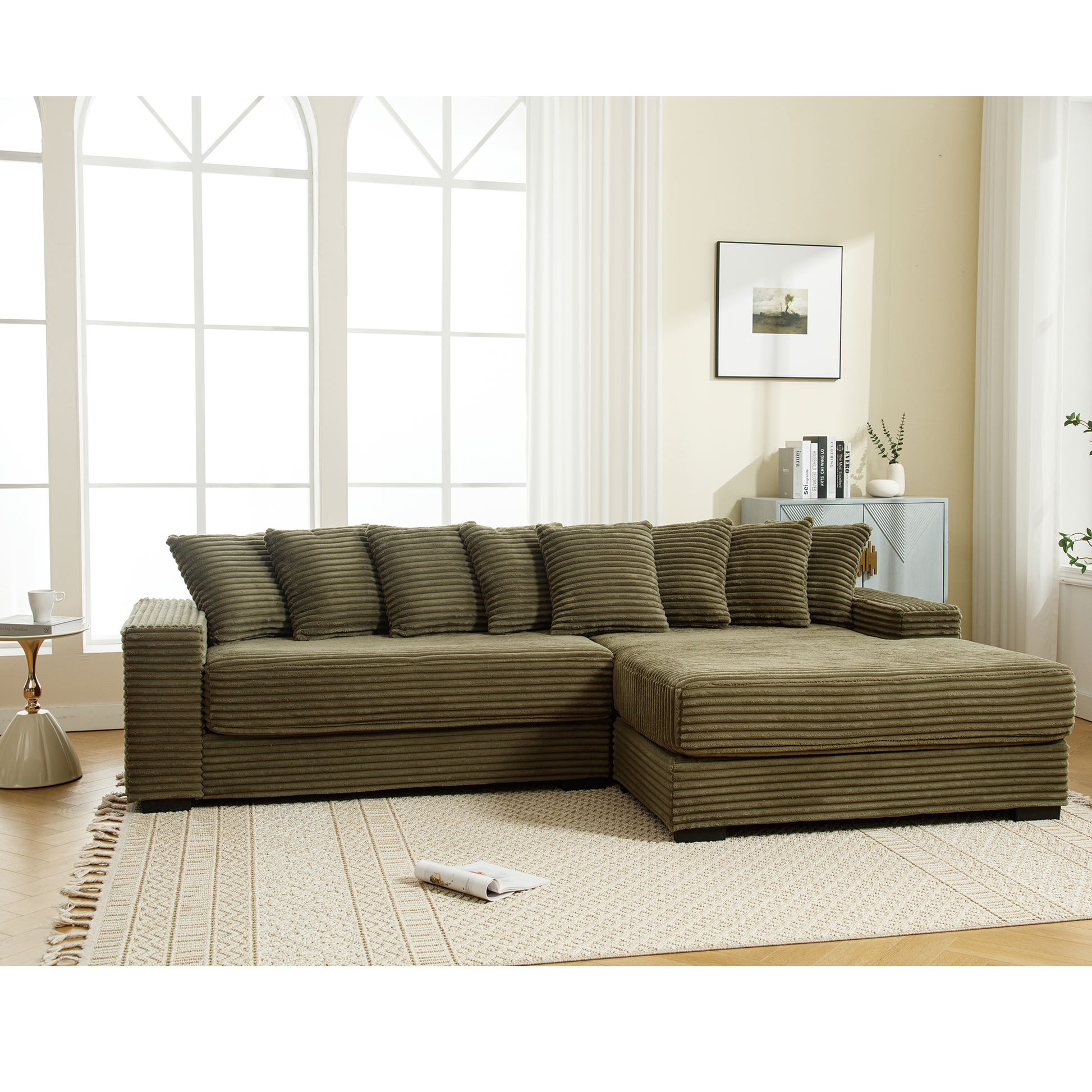[NEW ARRIVED] [VIDEO PROVIDED] Oversized Two-Piece Couches, L Shaped Sofa, Corduroy, Right Chaise Daybed,with Armrests,Eight Throw Pillows,Corner Sofa,Easy To Assemble, Green image 9