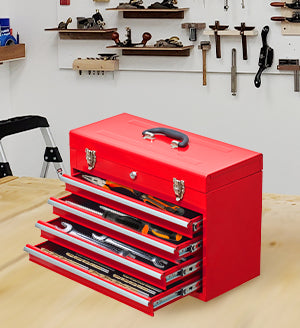 Metal Tool Box with 4 Drawers Portable Steel Tool Chest with Metal Cylinder Lock and Latch Closure, Liner, Red Powder coating, suitable for Garage, Warehouse and Outdoor Repair job-Red image 11