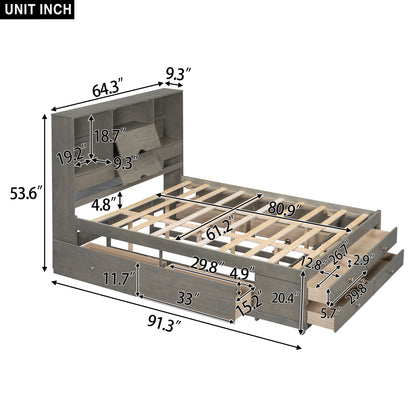 Queen Size Platform Bed with Storage Headboard and 8 Drawers, Gray image 4