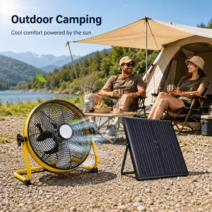 12" Yellow Solar Rechargeable Floor Fan,30W Adjustable Monocrystalline Solar Panel,Built-in 1500mAh Battery,3-Speed Remote Dual Power Fan for Home Room,Backyard Camping & Greenhouse image 9