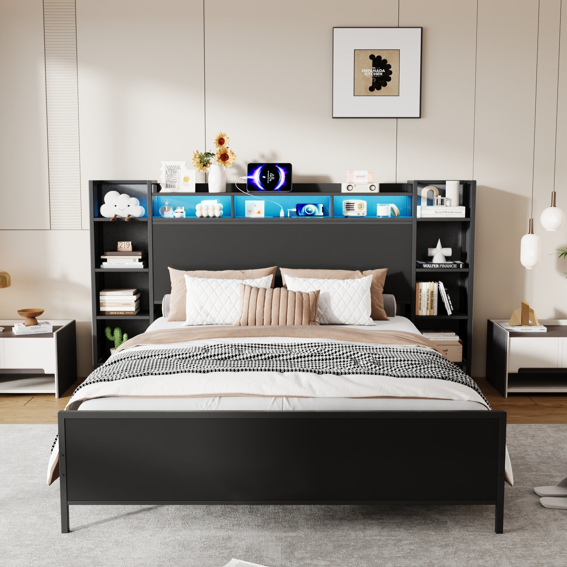 Queen Size Bed Frame with USB Charging Station, Storage Headboard and with Led Light, Heavy Duty Metal Platform Bed Frame, No Box Spring Needed, Black image 2