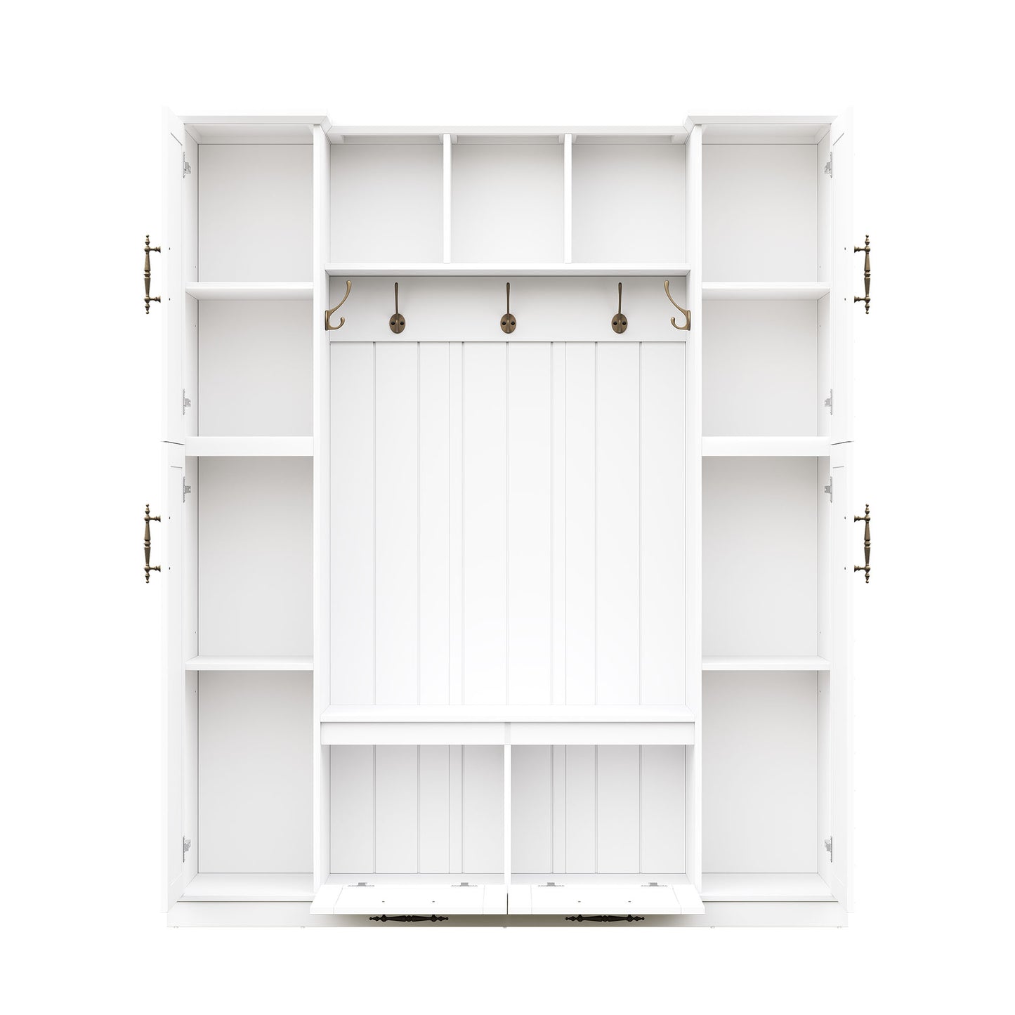 ON-TREND Farmhouse Elegant Hall Tree with 4 Side Cabinets, All-in-One Mudroom Furniture with Adjustable Shelves & Open Cubbies, Beadboard Entryway Bench with Coat Rack & 5 Hooks for Hallway, White image 11