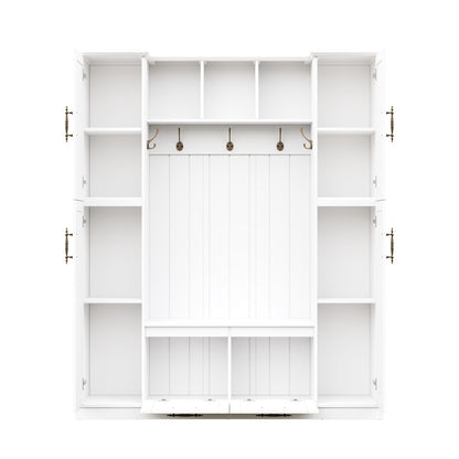 ON-TREND Farmhouse Elegant Hall Tree with 4 Side Cabinets, All-in-One Mudroom Furniture with Adjustable Shelves & Open Cubbies, Beadboard Entryway Bench with Coat Rack & 5 Hooks for Hallway, White image 11