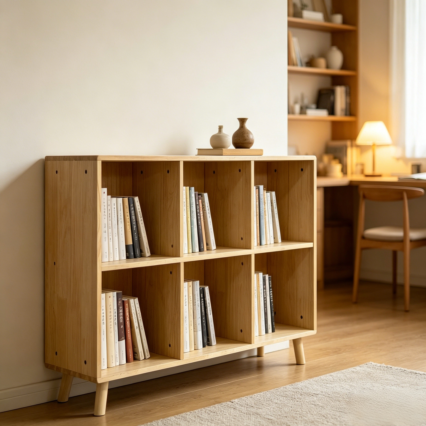 6 Cube Wooden Storage Shelf, Freestanding Open Bookcase with Legs, Natural Solid Wood Cubby Organizer for Living Room, Bedroom, Office, Entryway image 7