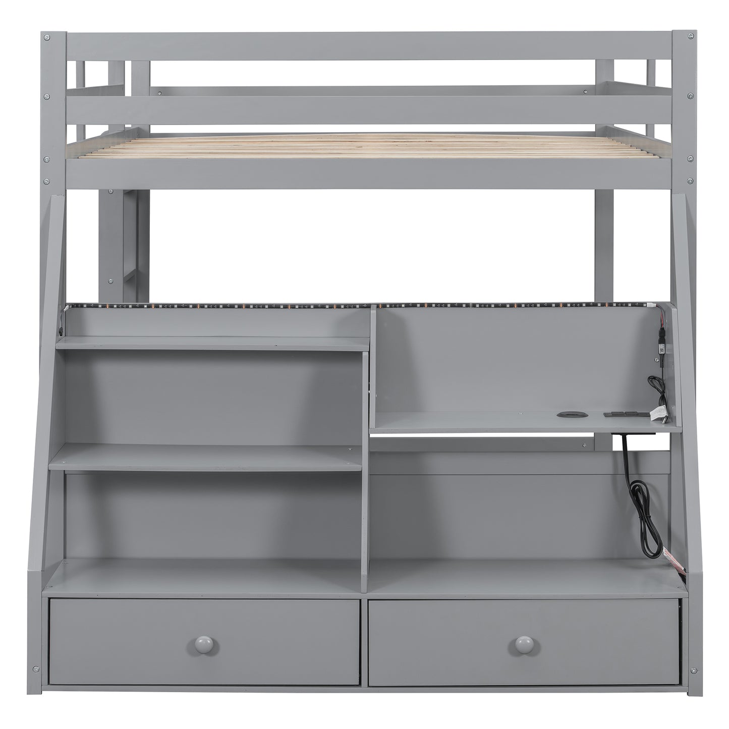 Full Bunk Bed with APP-Controlled LED Lights (7 Colors), USB Ports, Storage Shelves and 2 Drawers,Gray image 6