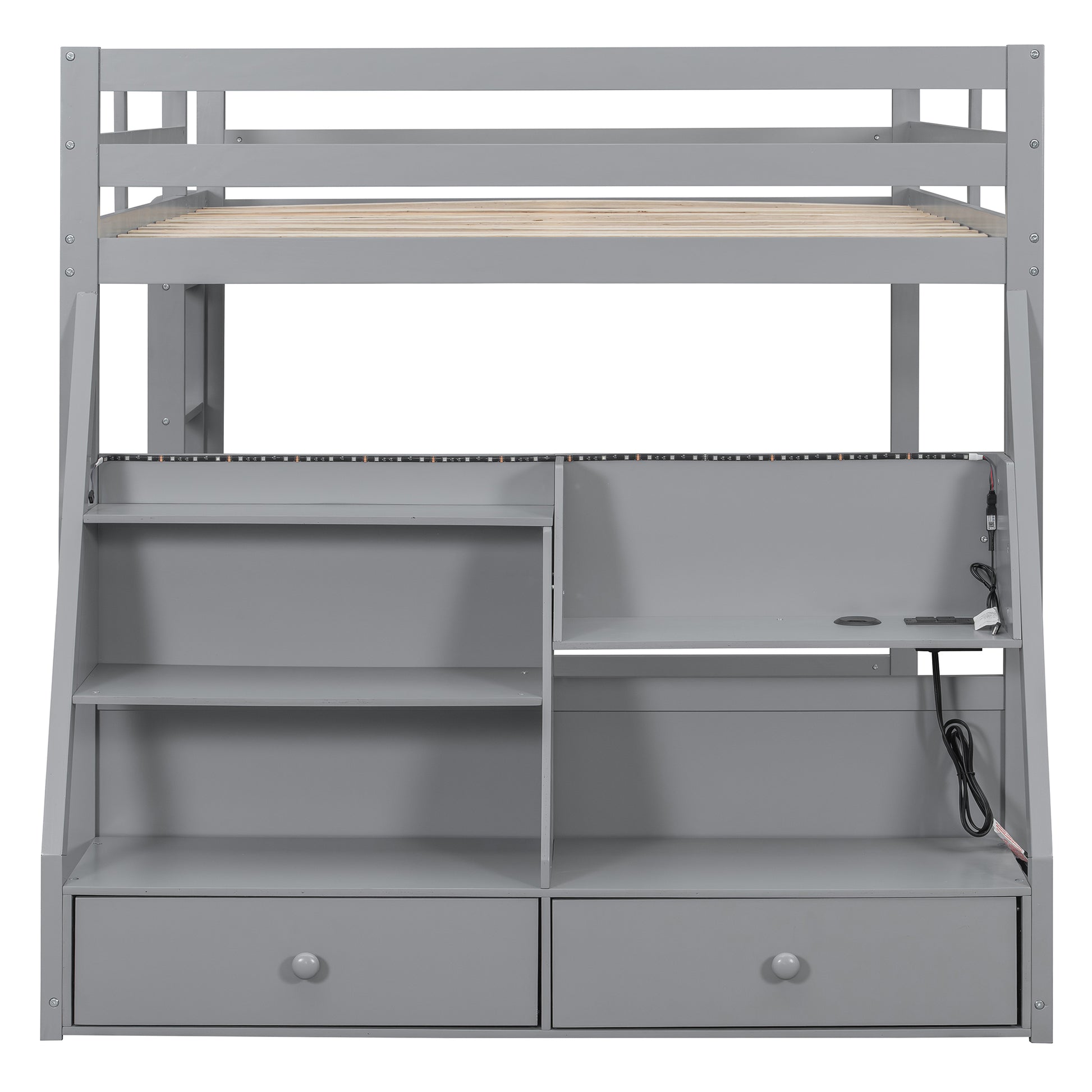 Full Bunk Bed with APP-Controlled LED Lights (7 Colors), USB Ports, Storage Shelves and 2 Drawers,Gray image 6