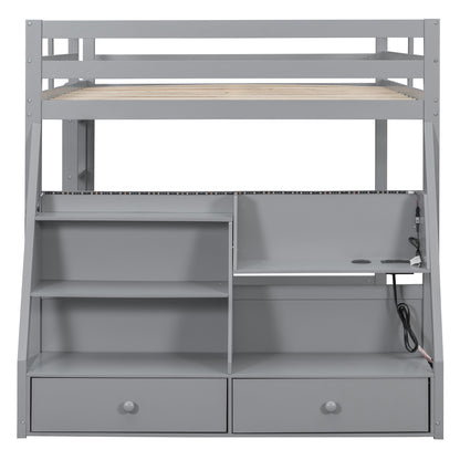 Full Bunk Bed with APP-Controlled LED Lights (7 Colors), USB Ports, Storage Shelves and 2 Drawers,Gray image 6