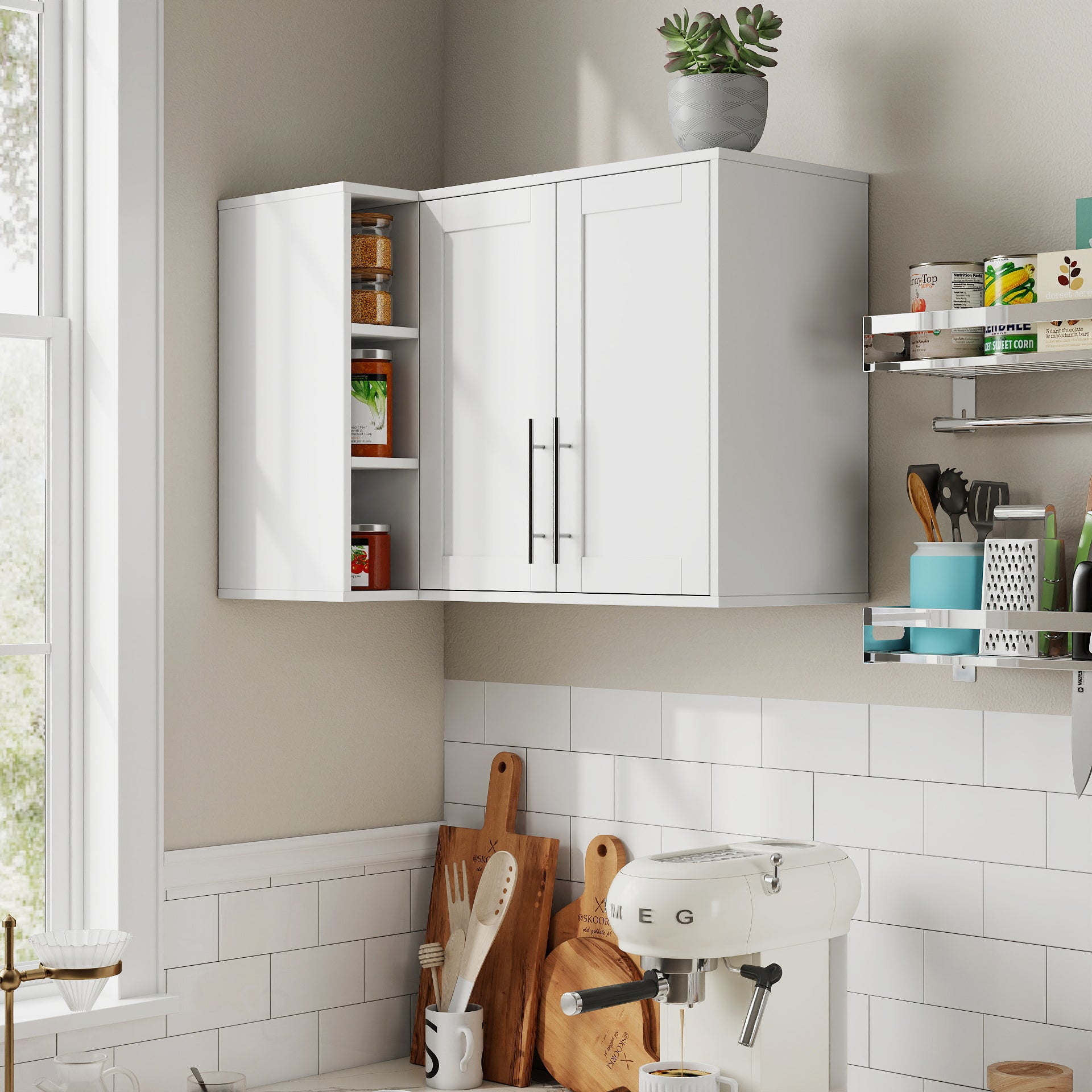 L Shape Wall Mounted Kitchen Sideboard Cabinet with 2 Door, 3 Layers Shelves, Storage Buffet Cabinet for Bathroom, Dining Rooms image 1