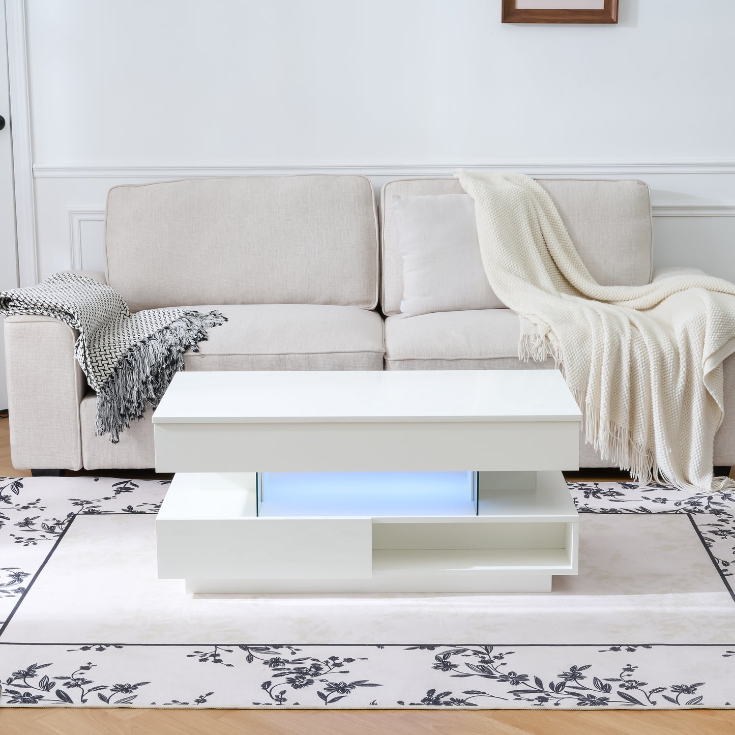 39.3" Lift Top Coffee Table with Hidden Compartment, 2 Storage Drawers and Ajustable LED Lights,Modern Multifunction Coffee Tables for Living Room, Bedroom,Office(White) image 1