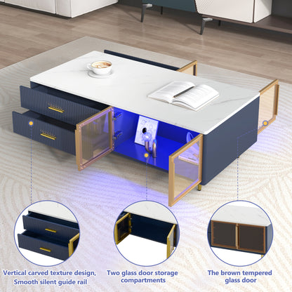 Modern Navy Blue Coffee Table with 2 Glass Door Storage, 4 Drawers, Gold Metal Legs, and Multi-Color Lighting in 47.2'' image 5