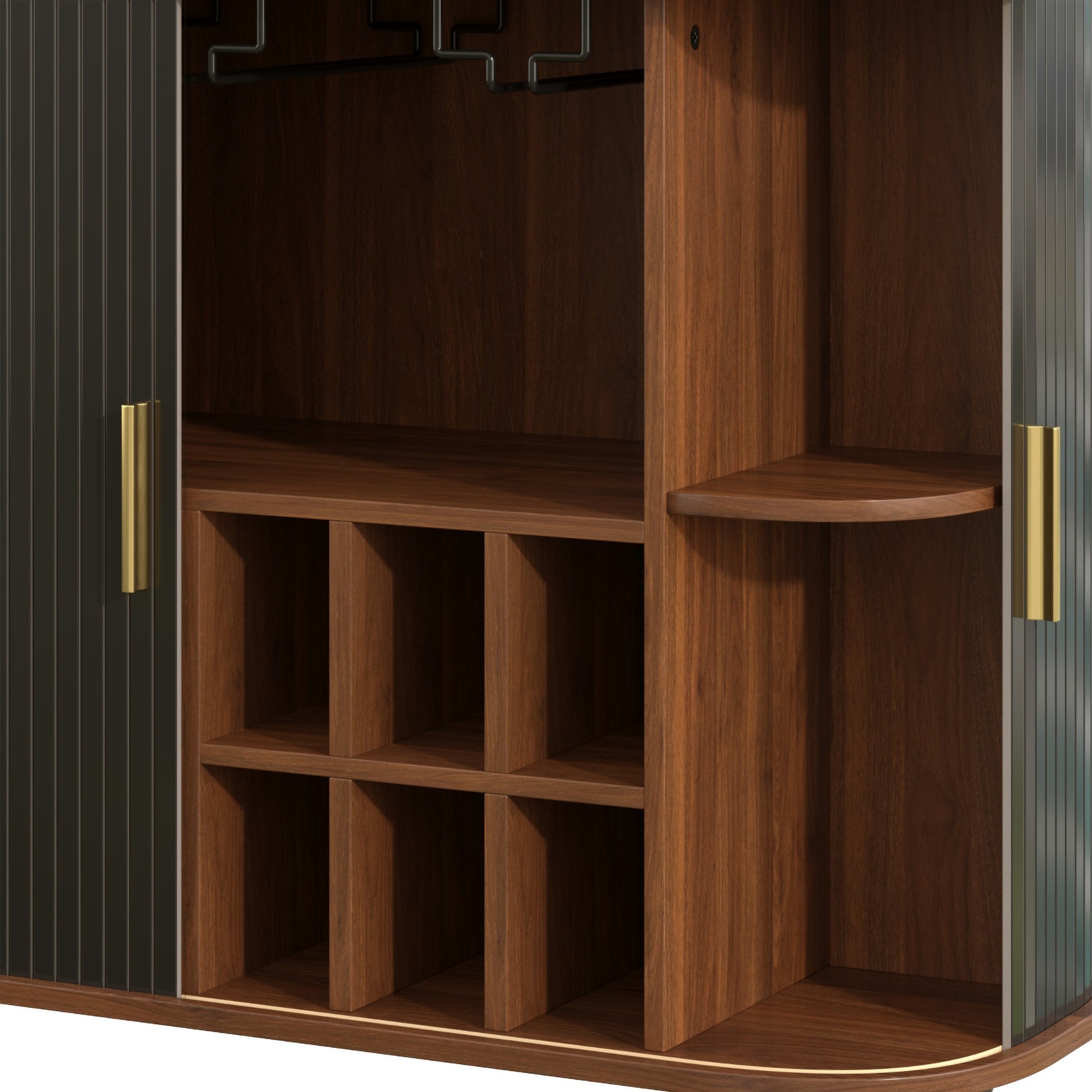 39" Fluted Liquor & Coffee Bar Cabinet with 6 Wine Racks and 3 Glass Holders, Mid-Century Modern Bar Cabinet with A Large Storage Drawer,4 Hidden Storage Space on the Side, Black image 12