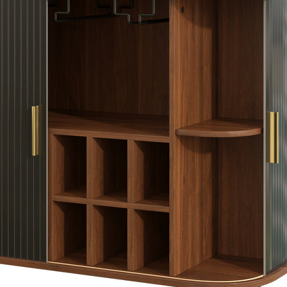 39" Fluted Liquor & Coffee Bar Cabinet with 6 Wine Racks and 3 Glass Holders, Mid-Century Modern Bar Cabinet with A Large Storage Drawer,4 Hidden Storage Space on the Side, Black image 12