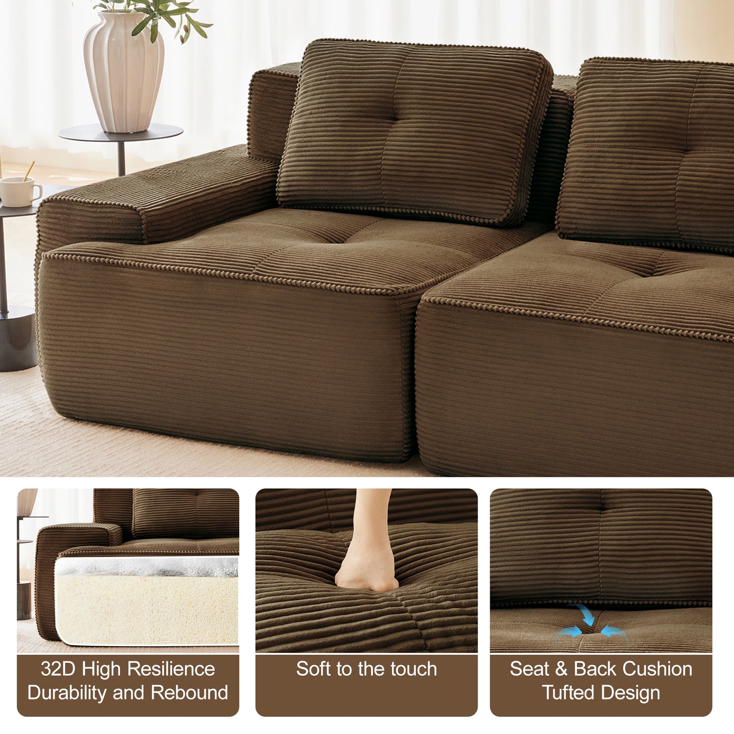 82" Modern L-Shaped Modular Sectional Sofa for Living Room, Corduroy Fabric, 2-Seater Couch with Deep Seat, Pearl-like piping, Tufted Design, No Assembly, Anti-slip Design​, Brown image 6