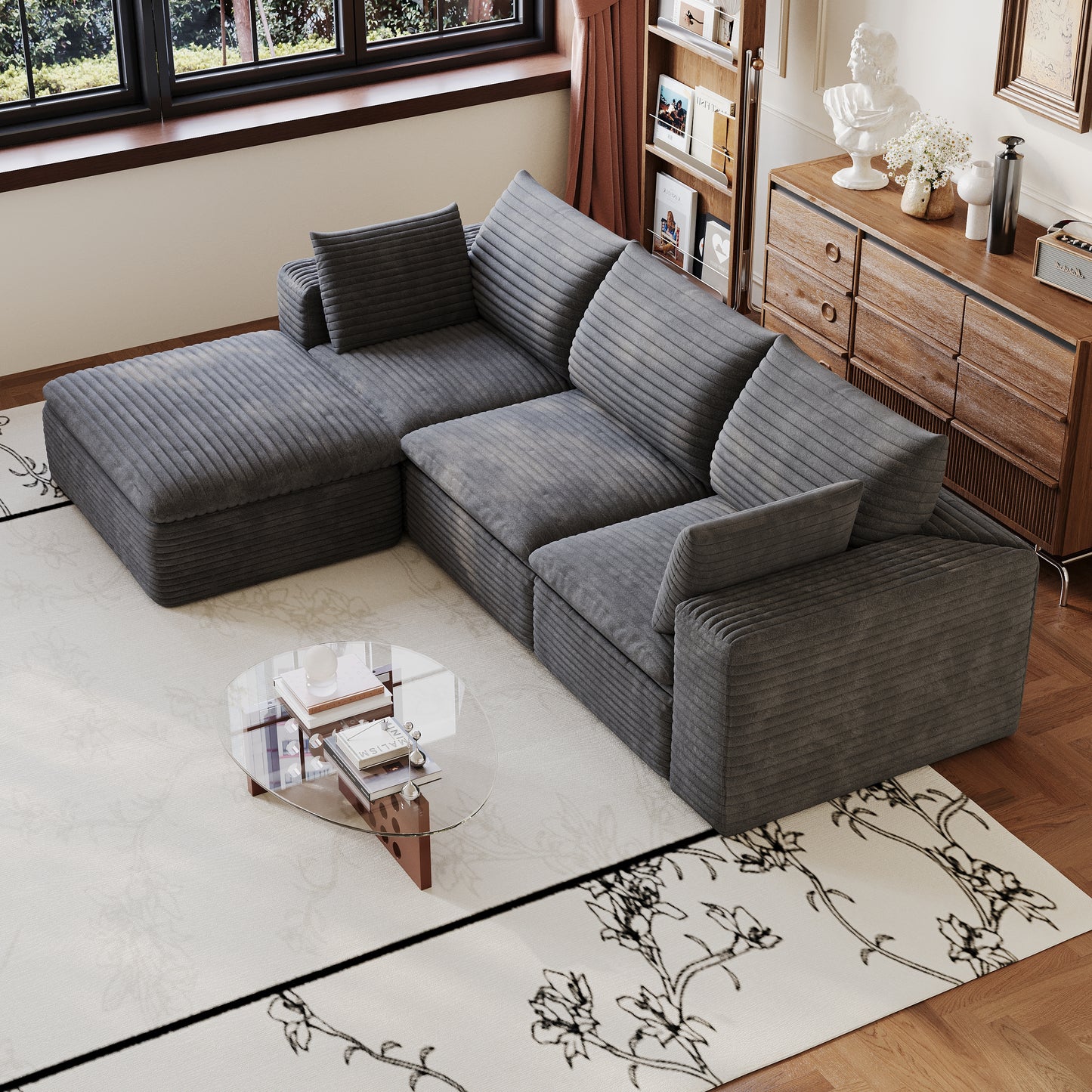 102" Cloud Sofa,Corduroy Fabric,Deep Seat Couches,Double-layer design,Removable Cushion,No Assembly, DIY Combination for Living room, Bedroom,Conference room,Apartment,Dark Grey image 5