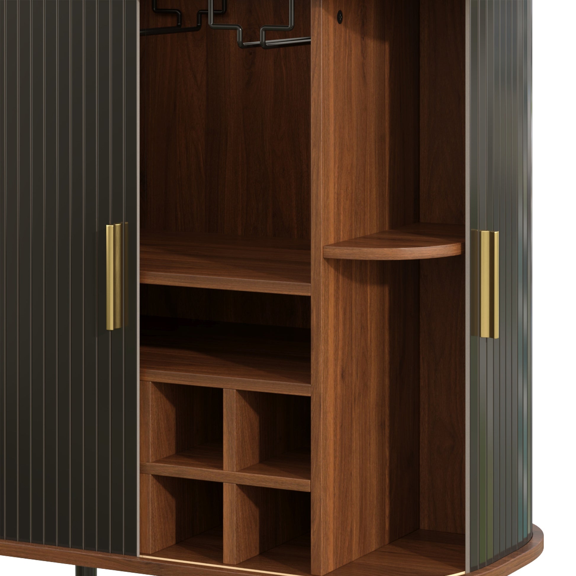 28" Fluted Wine Bar Cabinet with 8-Grid Wine Rack, 5-Level Adjustable Shelves, 2 Glass Holders, Smoothly Sliding Tambour Doors, 4 Hidden Storage Space on the Side, Modern Liquor Coffee Station, Black image 12