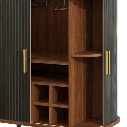 28" Fluted Wine Bar Cabinet with 8-Grid Wine Rack, 5-Level Adjustable Shelves, 2 Glass Holders, Smoothly Sliding Tambour Doors, 4 Hidden Storage Space on the Side, Modern Liquor Coffee Station, Black image 12