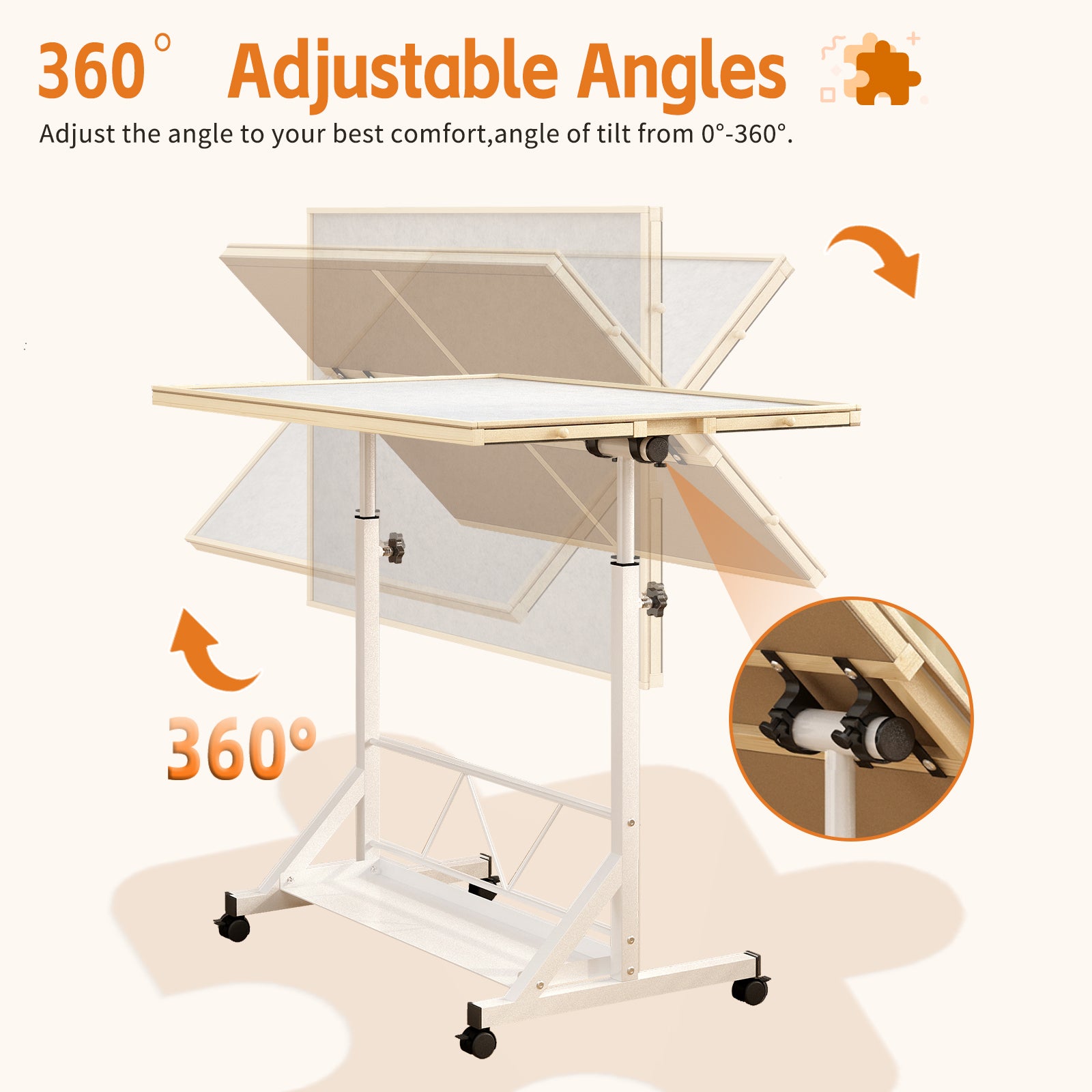 (WHITE) Wooden 1500 Piece Puzzle Table with Drawer, 35"*27.17" Adjustable Puzzle Table, 360° Tilting Puzzle Table with Legs and Wheels, Adjustable Height and Angle, with Protective Cover image 4