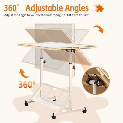 (WHITE) Wooden 1500 Piece Puzzle Table with Drawer, 35"*27.17" Adjustable Puzzle Table, 360° Tilting Puzzle Table with Legs and Wheels, Adjustable Height and Angle, with Protective Cover image 4