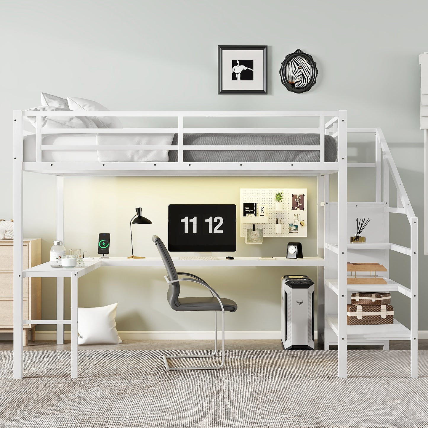 Queen Size Loft Bed with L-shaped Desk and USB, Metal Loft Bed with Wardrobe and Adjustable Shelf, High Loft Bed with LED for Kids Teens Adults, White image 1