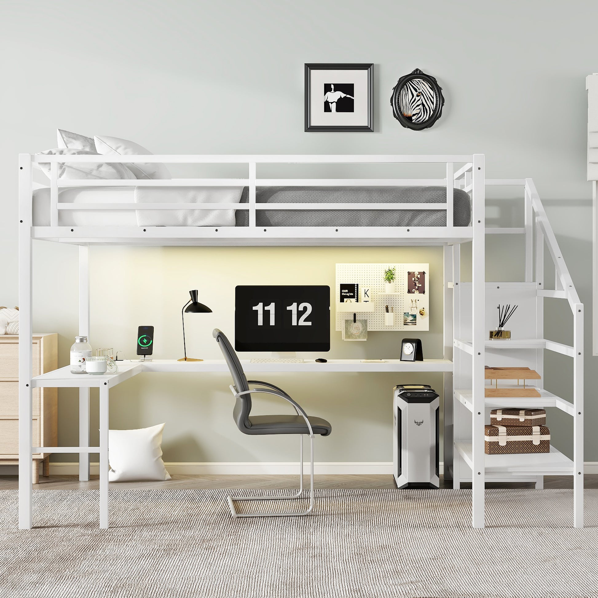 Queen Size Loft Bed with L-shaped Desk and USB, Metal Loft Bed with Wardrobe and Adjustable Shelf, High Loft Bed with LED for Kids Teens Adults, White image 1