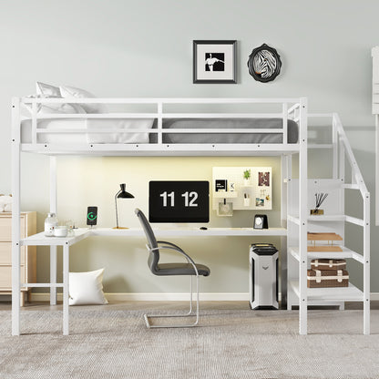 Queen Size Loft Bed with L-shaped Desk and USB, Metal Loft Bed with Wardrobe and Adjustable Shelf, High Loft Bed with LED for Kids Teens Adults, White image 1