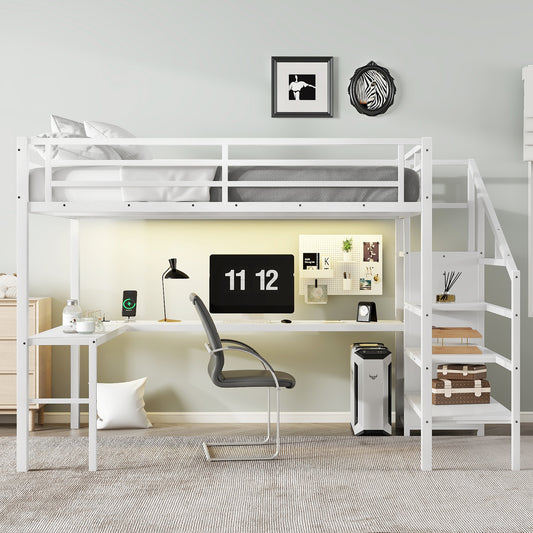 Queen Size Loft Bed with L-shaped Desk and USB, Metal Loft Bed with Wardrobe and Adjustable Shelf, High Loft Bed with LED for Kids Teens Adults, White image 1