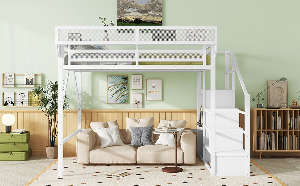 Queen Size Loft Bed with Stairs, Metal Queen Loft Bed with Storage Shelves, High Loft Bed with Wardrobe for Kids Teens, White, Patent Products image 8
