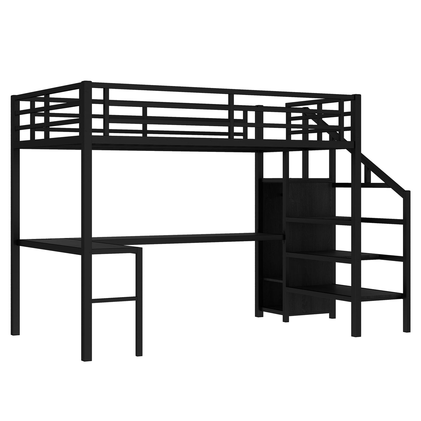 Full Size Loft Bed with L-shaped Desk and USB, Metal Loft Bed with Wardrobe and Adjustable Shelf, High Loft Bed with LED for Kids Teens Adults, Black image 9