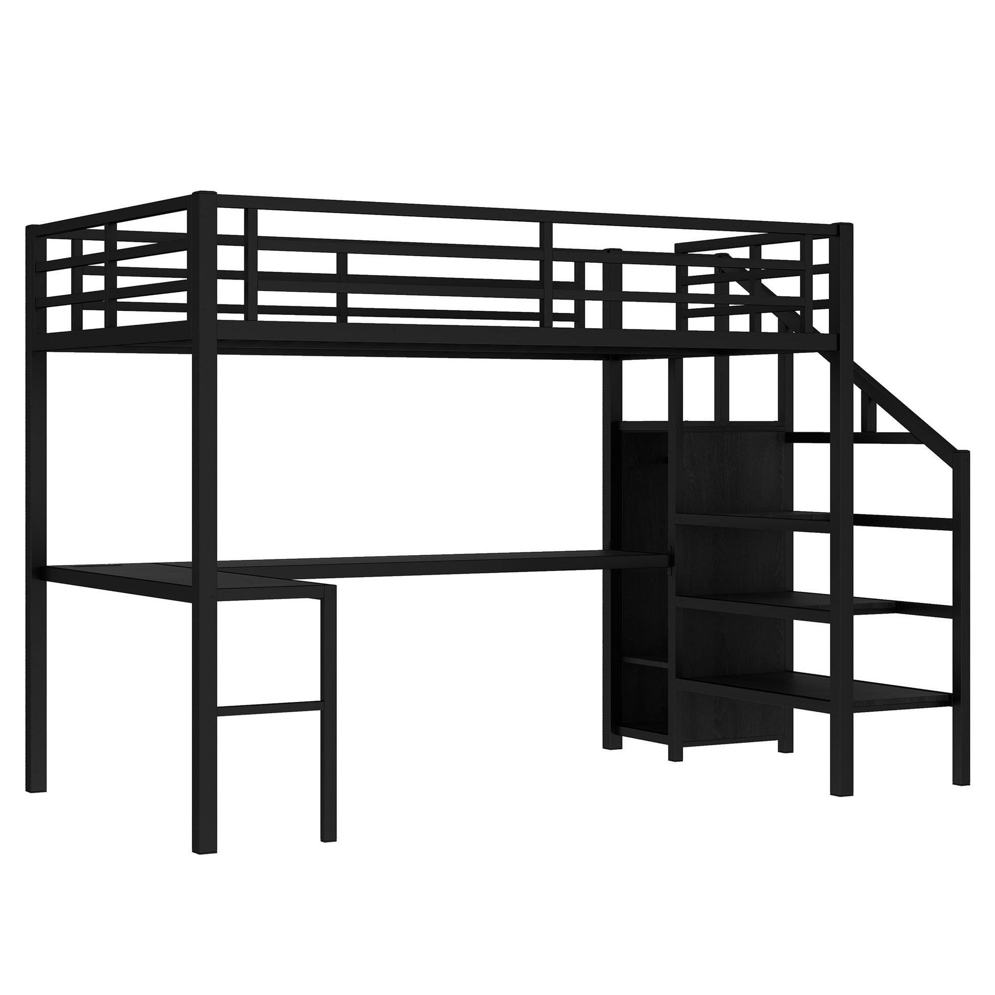 Full Size Loft Bed with L-shaped Desk and USB, Metal Loft Bed with Wardrobe and Adjustable Shelf, High Loft Bed with LED for Kids Teens Adults, Black image 9