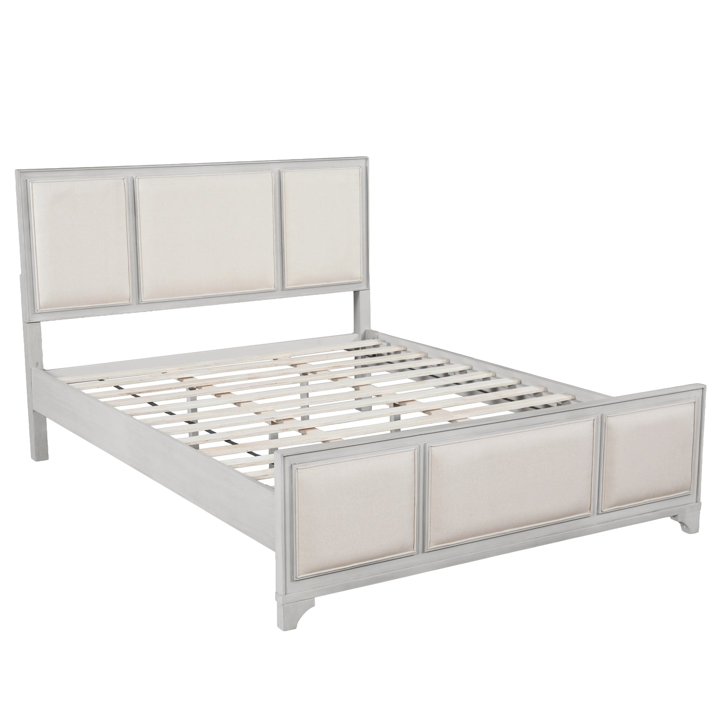 Queen Size Wooden Bed Frame with Upholstered Headboard, White Wood & Beige Fabric, Solid Wood Platform, Modern Farmhouse Style image 8