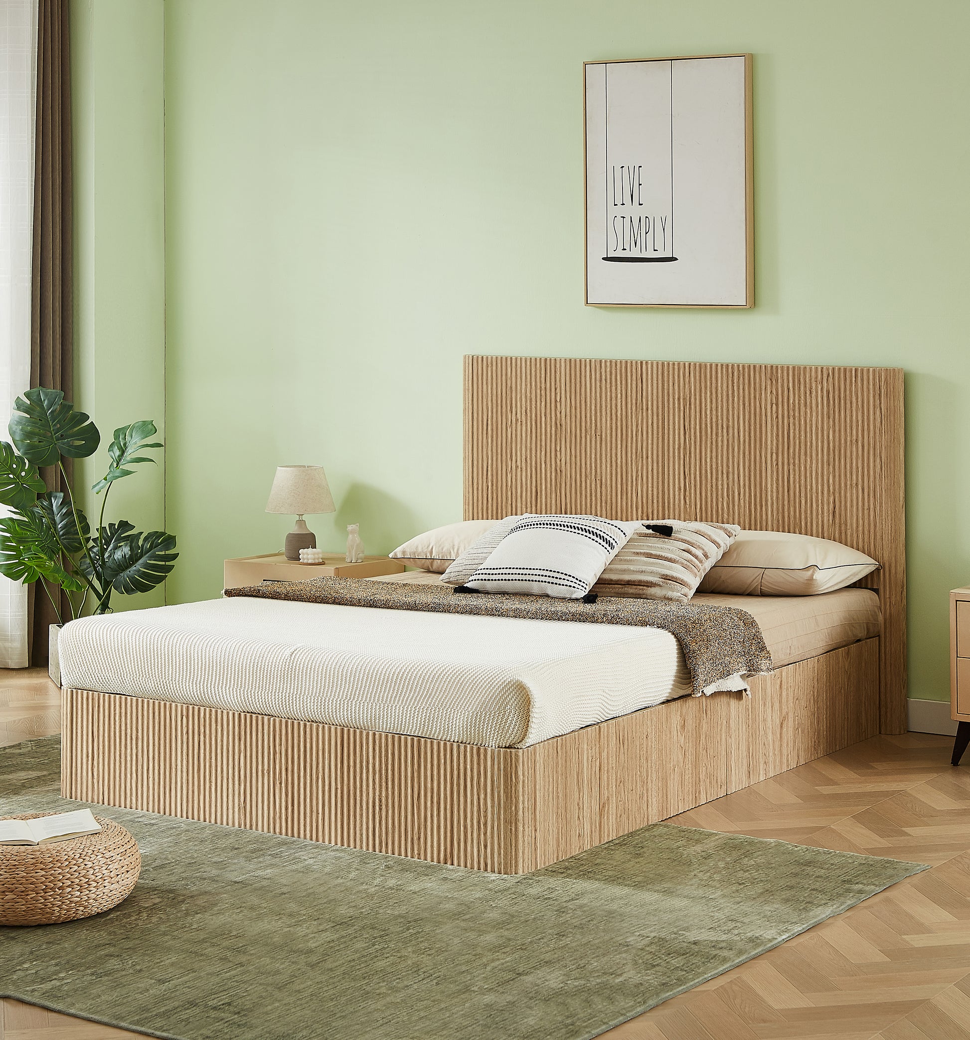 Queen Size Lift Up Storage Bed Frame, Wooden corrugated curved lines, Hydraulic Storage/No Box Spring Needed, Oak. image 1