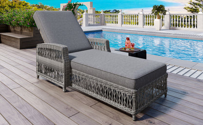 GO Outdoor Long Reclining Chaise, Wicker Lounge with Armrests, Patio Adjustable Recliner with Soft Removable Cushions, All Weather Rattan Pool Lounge for Poolside & Garden, Gray image 2