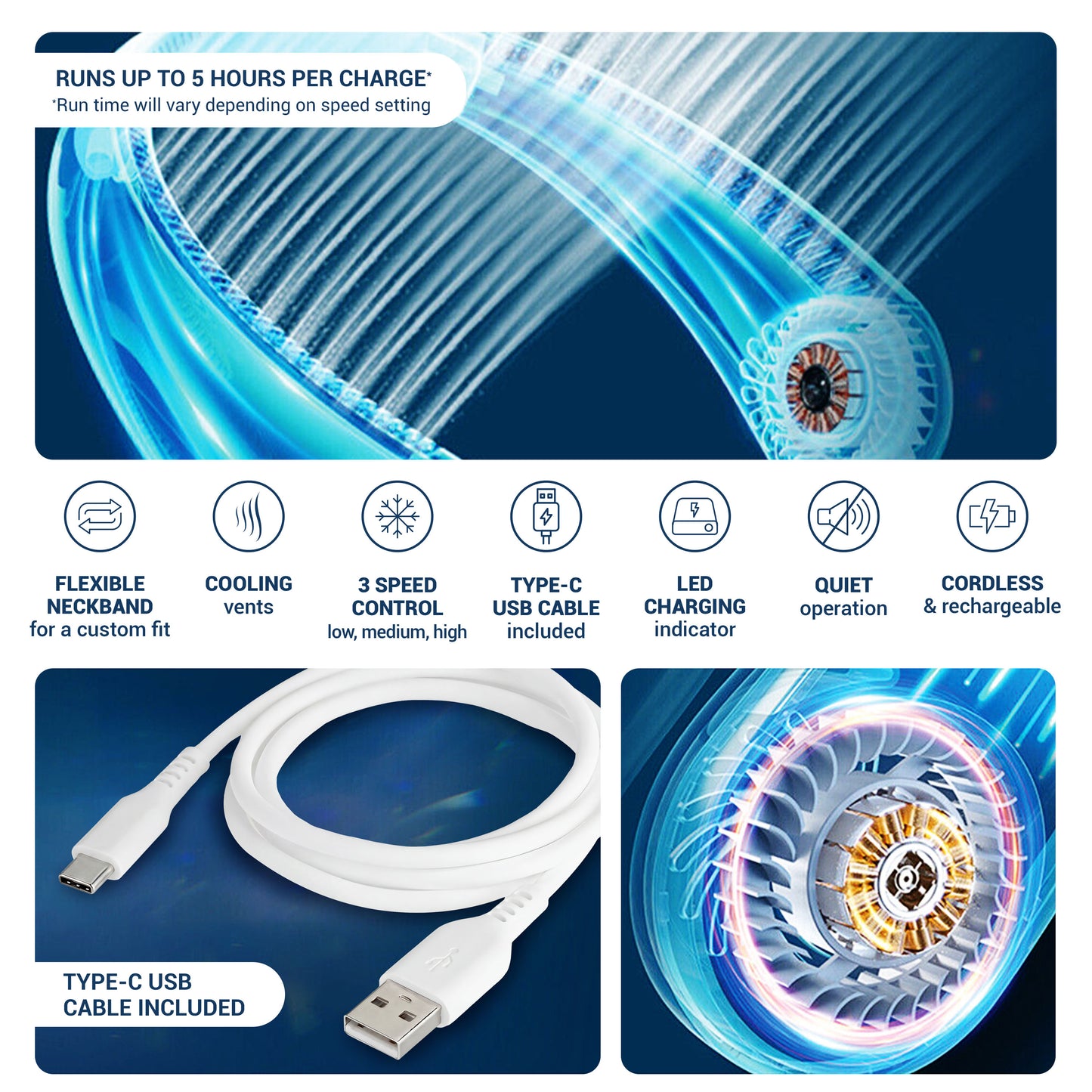 Rechargeable Neck Fan, Portable Bladeless Personal Fan, Hands-Free Wearable Cooling Fan with 3 Speeds, USB Rechargeable Lightweight Neck Fan for Travel, Outdoor Work, Camping, Office, Women & Men image 5