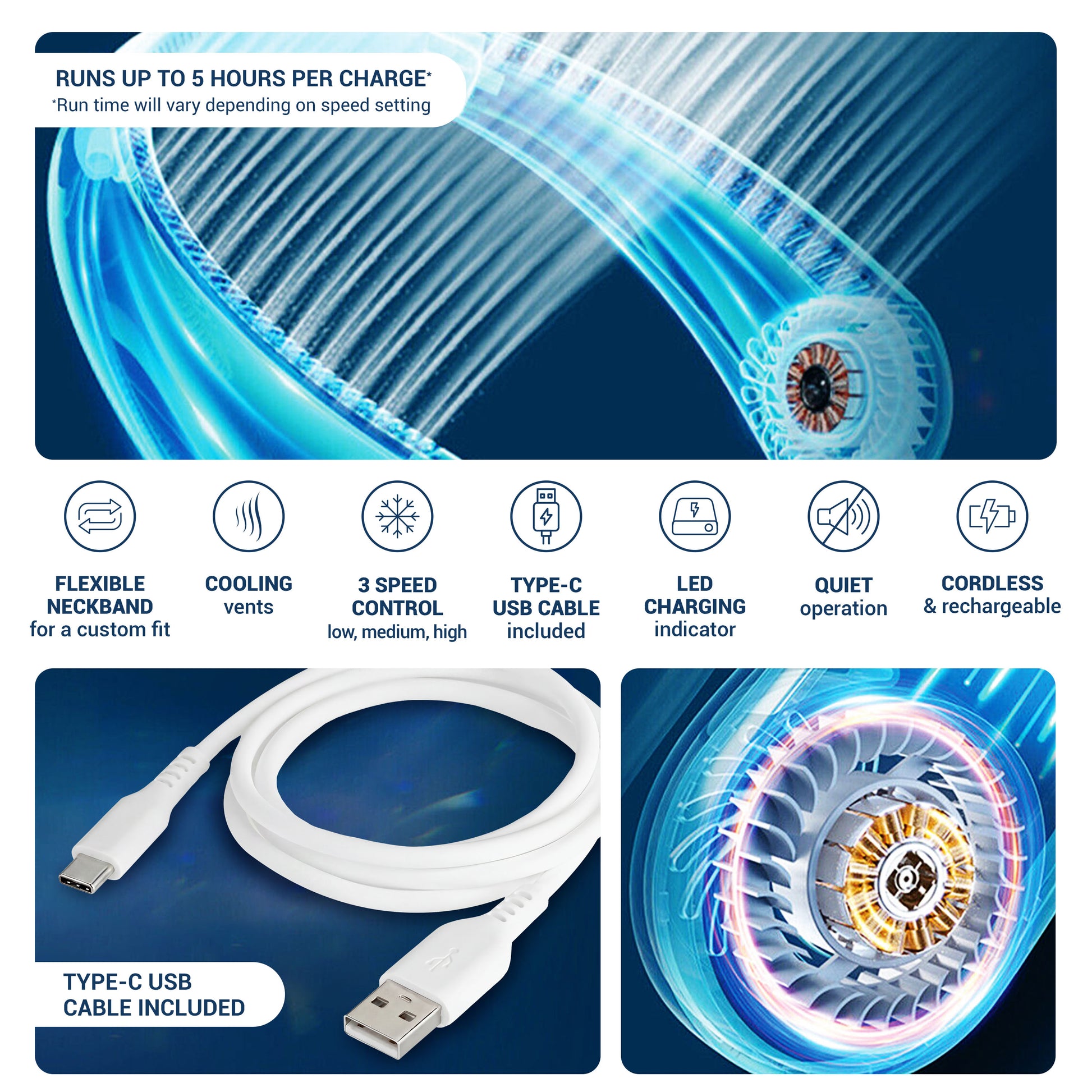 Rechargeable Neck Fan, Portable Bladeless Personal Fan, Hands-Free Wearable Cooling Fan with 3 Speeds, USB Rechargeable Lightweight Neck Fan for Travel, Outdoor Work, Camping, Office, Women & Men image 5