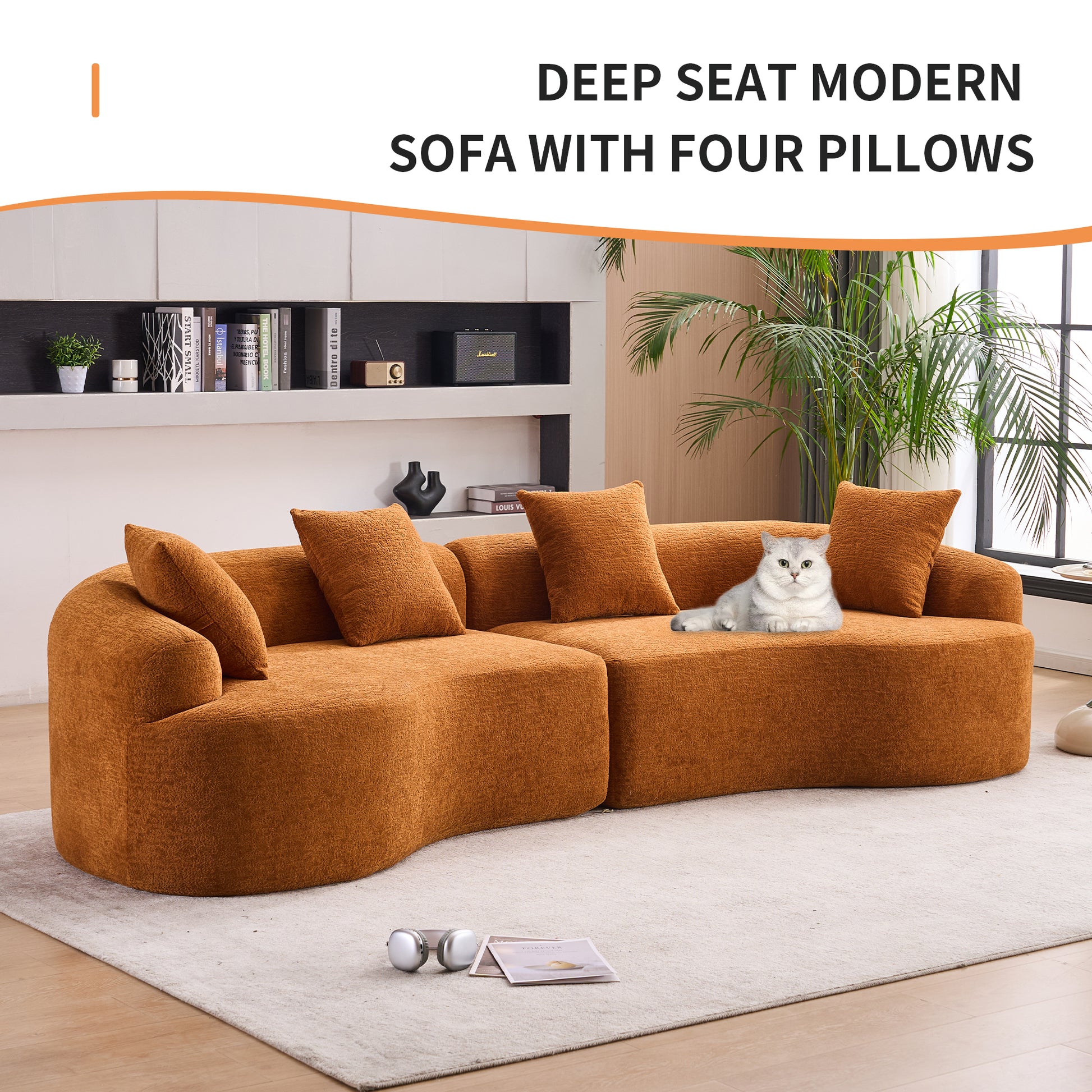 Compression Sponge Sofa Orange Curved Modular Sectional, 30D High-Density Chenille Sleeper Couch for Apartment, Living Room,110"L image 3