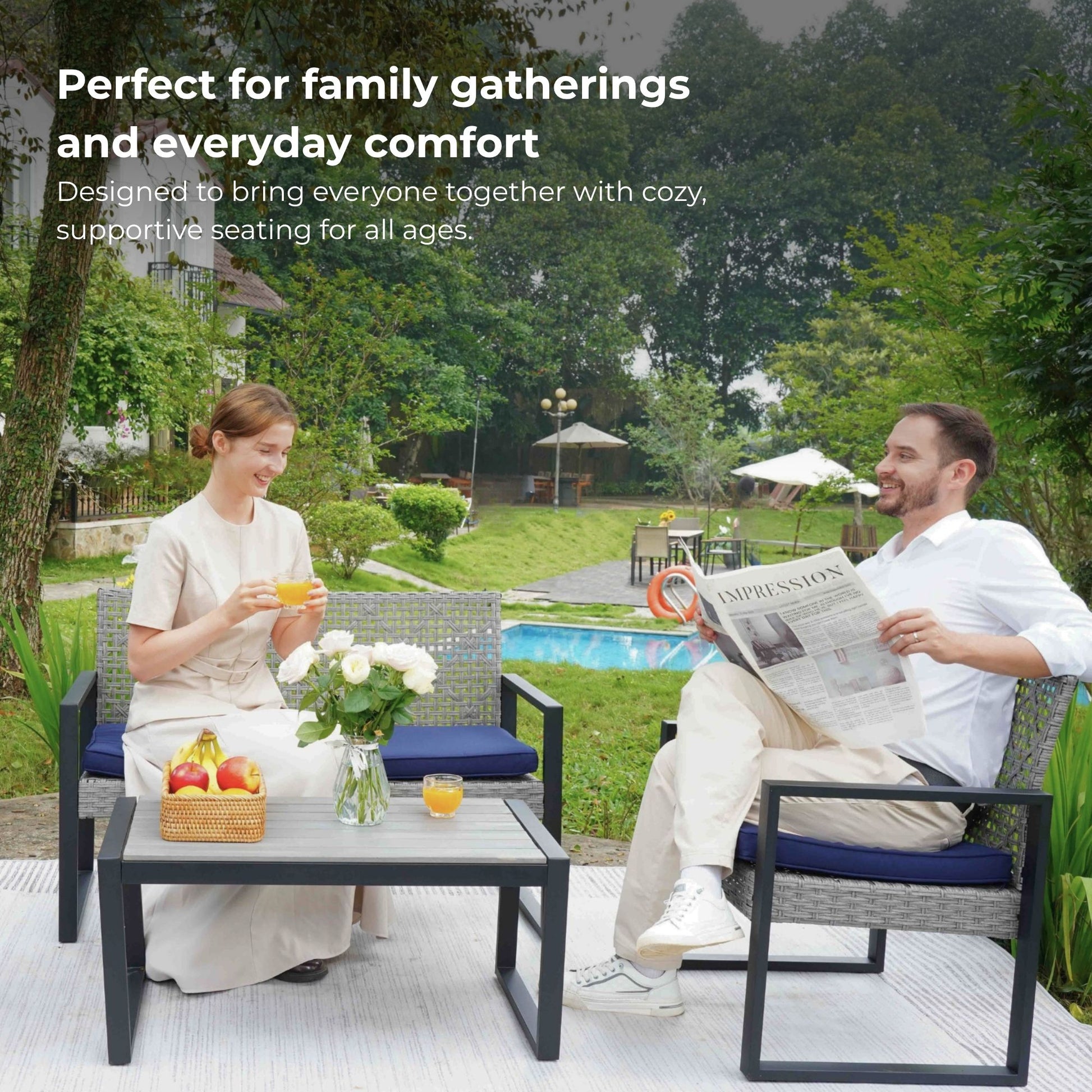 4-Piece Patio Furniture Set Outdoor Balcony Porch Garden Backyard Lawn Furniture Gray Acacia Wood Table Top, Blue Cushion and Light Gray rattan image 7