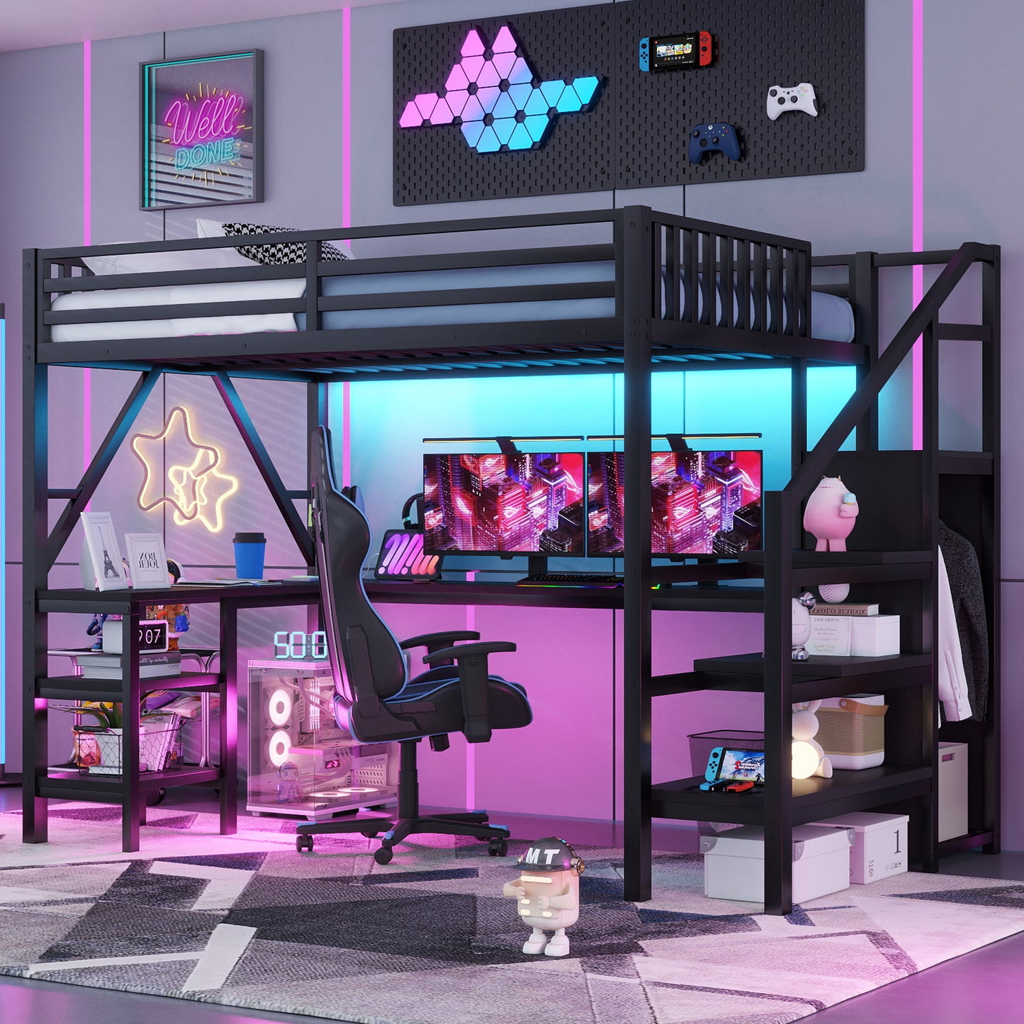 Metal Full Loft Bed with Wardrobe and LED Light, Full Size Loft Bed with L Shaped Desk and USB for Kids Teens Adults, Black(Old SKU W2593S00008,Expect Arrival Date 2026/2/25) image 1