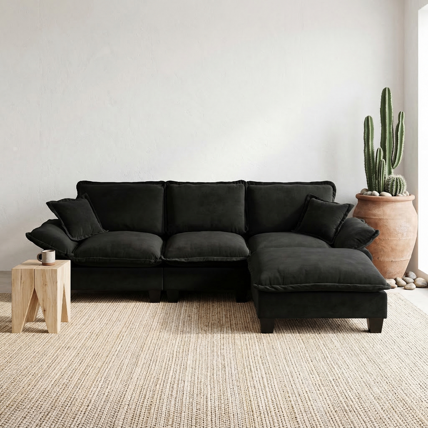 Modular Sectional Sofa, L-Shape Cloud Couch with Sailboat Design, 1 Movable Ottomans & 2 Soft Pillows Included, Comfy Chenille for Apartment Living Room, Black image 9
